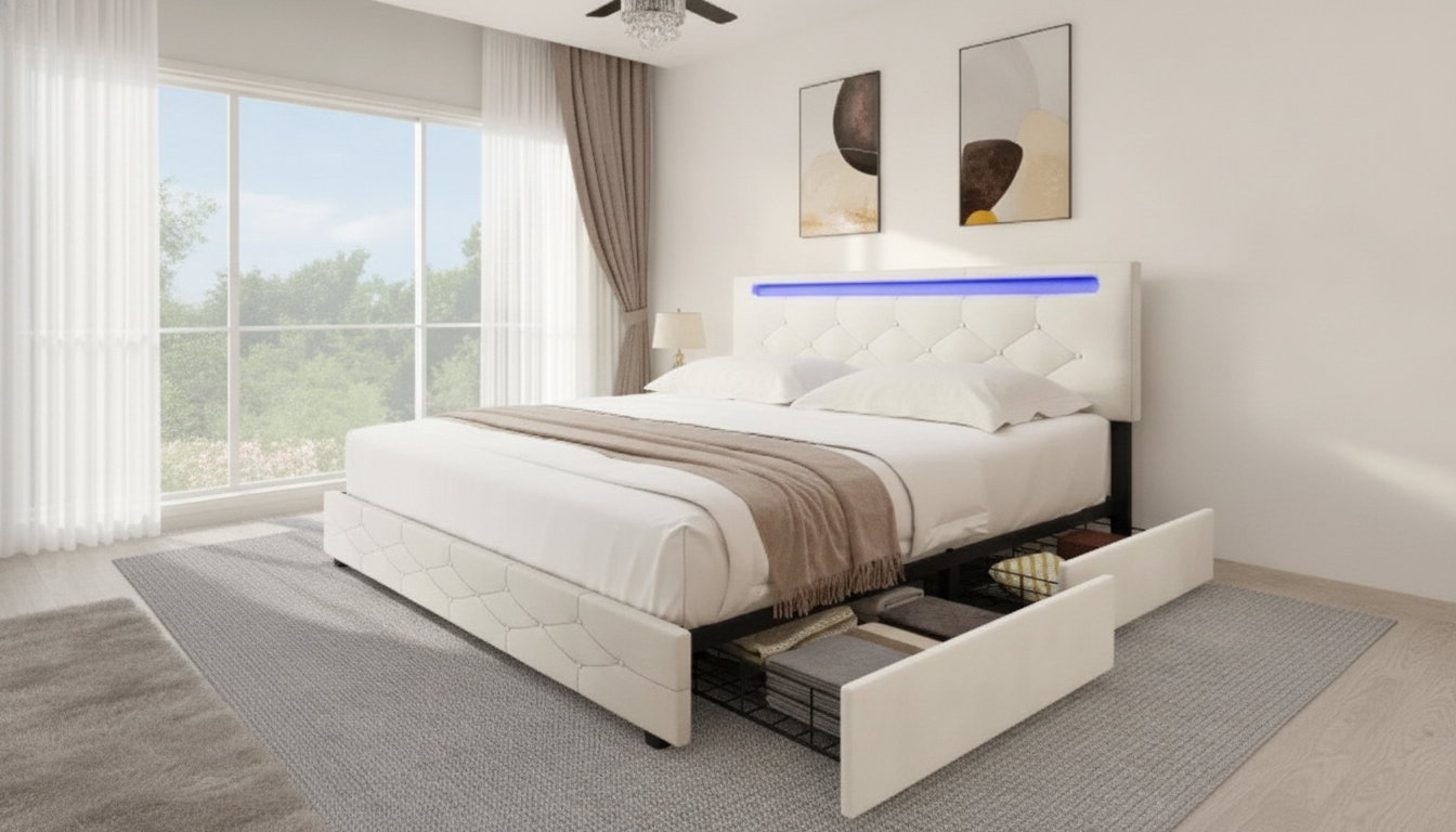 Queen LED Storage Bed Frame: Drawers + Lights, No Box Spring